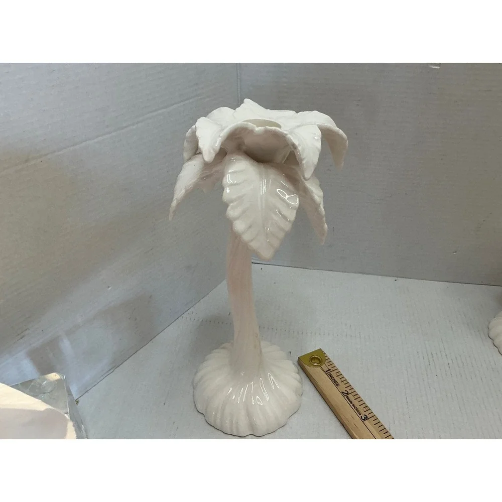 Fitz and Floyd Vintage Palm Tree Candle Holders White Ceramic Tropical Set of 2